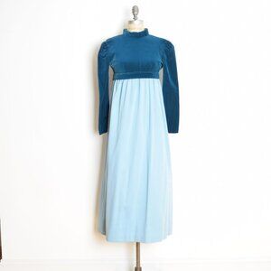 vintage 60s dress blue satin velvet Juliet babydoll empire regency puff maxi XS